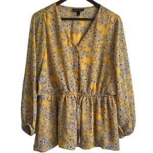 Lane Bryant Women Top 14 Yellow Ditsy‎ Floral Elastic Waist Cottage Fairy Girly